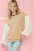Smoke Gray Crinkled Sleeve Patchwork Ribbed Pullover Top