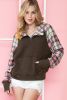 Khaki Quilted Plaid Patchwork Half Zip Kangaroo Pocket Sweatshirt