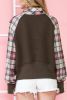 Khaki Quilted Plaid Patchwork Half Zip Kangaroo Pocket Sweatshirt