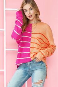 Multicolor Striped Color Block Loose Fit Knit Sweater (size: (US 16-18)XL)