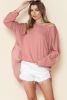 Rose Pink Crinkled Patchwork Raw Hem Oversized Tops