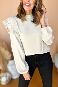White Frilled Neck Ruffled Trim Bubble Sleeve Blouse (size: (US 16-18)XL)