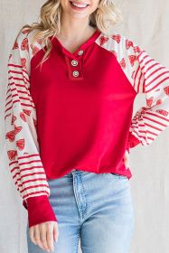 Red Heart & Striped Print Raglan Sleeve Henley Top (size: (US 16-18)XL)