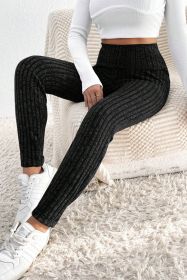 Black Wide Waistband Ribbed Textured Knit Leggings (size: (US 16-18)XL)