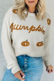 White Crochet Pumpkin Drop Shoulder Sweater (size: (US 16-18)XL)