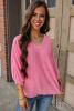Strawberry Pink Ribbed Striped V Neck Bracelet Sleeve Top