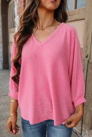 Strawberry Pink Ribbed Striped V Neck Bracelet Sleeve Top (size: (US 16-18)XL)