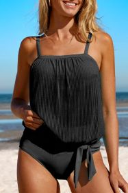 Black Striped Mesh Knotted Hem Tankini Swimsuit (size: (US 4-6)S)