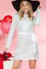 Silvery Sequin Long Sleeve Tie Waist Mini Dress