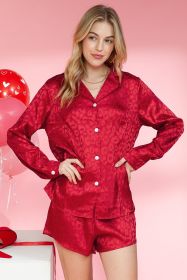 Red Leopard Satin Long Sleeve Top & Shorts Loungewear Set (size: (US 16-18)XL)