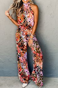 Black Leopard Print Halter Tank Top and Pants Set (size: (US 16-18)XL)