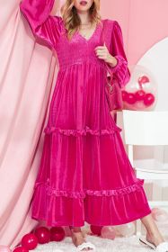 Rose Red Shirred V Neck Long Sleeve Velvet Dress (size: (US 16-18)XL)