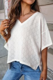White V Neck Side Slits Knitted Flowy Oversized Blouse (size: (US 16-18)XL)