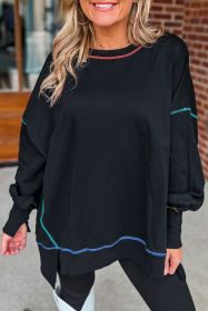 Black Contrast Stitching Split Oversized Sweatshirt (size: (US 16-18)XL)