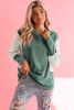Green Textured Splicing Sleeve Raw Hem Hoodie