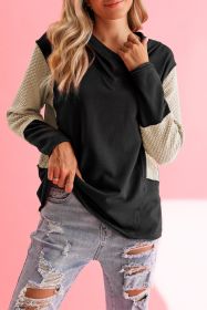Black Textured Splicing Sleeve Raw Hem Hoodie (size: (US 16-18)XL)
