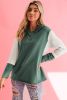 Green Textured Splicing Sleeve Raw Hem Hoodie