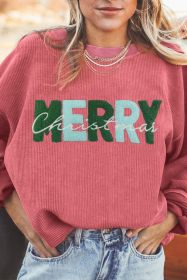 Strawberry Pink MERRY Christmas Corded Graphic Sweatshirt (size: (US 8-10)M)