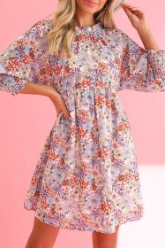 Purple Floral Boho Frilled Neck Shirred Cuffs Mini Dress (size: (US 4-6)S)
