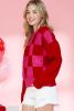 Multicolor Checkered Pattern Pompom Heart Knitted Sweater