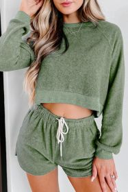 Green Fleece Cropped Pullover & Shorts Two Piece Shorts Set (size: (US 4-6)S)