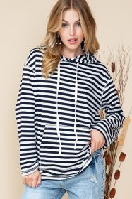 Stripe Print Kangaroo Pocket Drawstring Hoodie (size: (US 8-10)M)