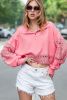 Pink Hollow Embroidery Patchwork Snap Button Sweatshirt