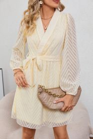 Apricot Textured Wrap V Neck Waist Belted Long Sleeve Dress (size: (US 8-10)M)
