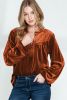 Gold Flame Velvet Beaded V Neck Lantern Sleeve Top