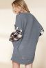 Dark Grey Waffle Knit & Plaid Patchwork V Neck Tunic Top