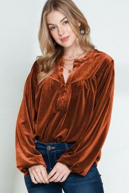 Gold Flame Velvet Beaded V Neck Lantern Sleeve Top (size: (US 16-18)XL)