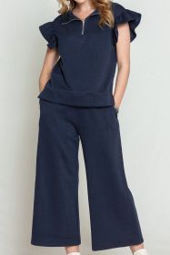 Navy Blue Textured Ruffle Cap Sleeve Top And Wide Leg Pants Set (size: (US 16-18)XL)
