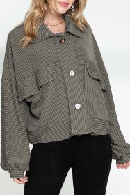 Blue Ribbed Striped Splicing Drop Sleeve Loose Shirt (size: (US 16-18)XL)