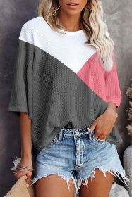 Strawberry Pink Waffle Color Block Half Sleeve T Shirt (size: (US 16-18)XL)