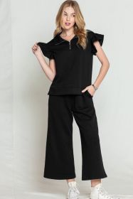 Black Textured Ruffle Cap Sleeve Top and Wide Leg Pants Set (size: (US 16-18)XL)