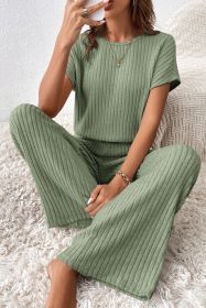Grass Green Solid Color Ribbed Short Sleeve Wide Leg Jumpsuit (size: (US 8-10)M)