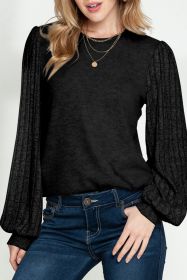 Black Solid Color Contrast Ribbed Bishop Sleeve Top (size: (US 16-18)XL)