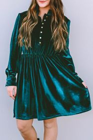 Green Velvet Frill Neckline Buttoned Front Ruffle Mini Dress (size: (US 16-18)XL)