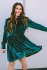 Green Velvet Frill Neckline Buttoned Front Ruffle Mini Dress