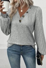 Light Grey Button Detail V Neck Ribbed Bishop Sleeve Top (size: (US 16-18)XL)