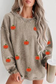 Khaki Crinkle Ribbed Halloween Pumpkin Graphic Sweatshirt (size: (US 8-10)M)