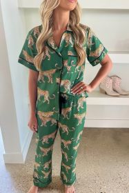 Green Cheetah Print Short Sleeve Shirt and Pants Pajama Set (size: (US 16-18)XL)