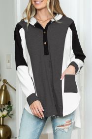 Black Color Block Snap Button Oversized Pullover Hoodie (size: (US 16-18)XL)