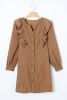 Camel Ruffle Trim Puff Sleeve Ribbed Shirt Dress