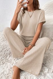 Parchment Solid Color Ribbed Short Sleeve Wide Leg Jumpsuit (size: (US 4-6)S)