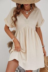 Beige Lace Splicing V Neck Rolled Up Sleeve Empire Waist Mini Dress (size: (US 16-18)XL)
