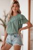 Laurel Green Spotted Print Pleated Ruffle Sleeve Blouse