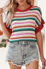Fiery Red Striped Diamond Print Ruffle Sleeve Knit Top (size: (US 8-10)M)
