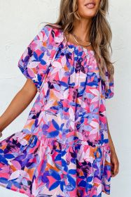 Purple Flower Print Short Puff Sleeve Ruffle Mini Dress (size: (US 16-18)XL)