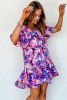 Purple Flower Print Short Puff Sleeve Ruffle Mini Dress